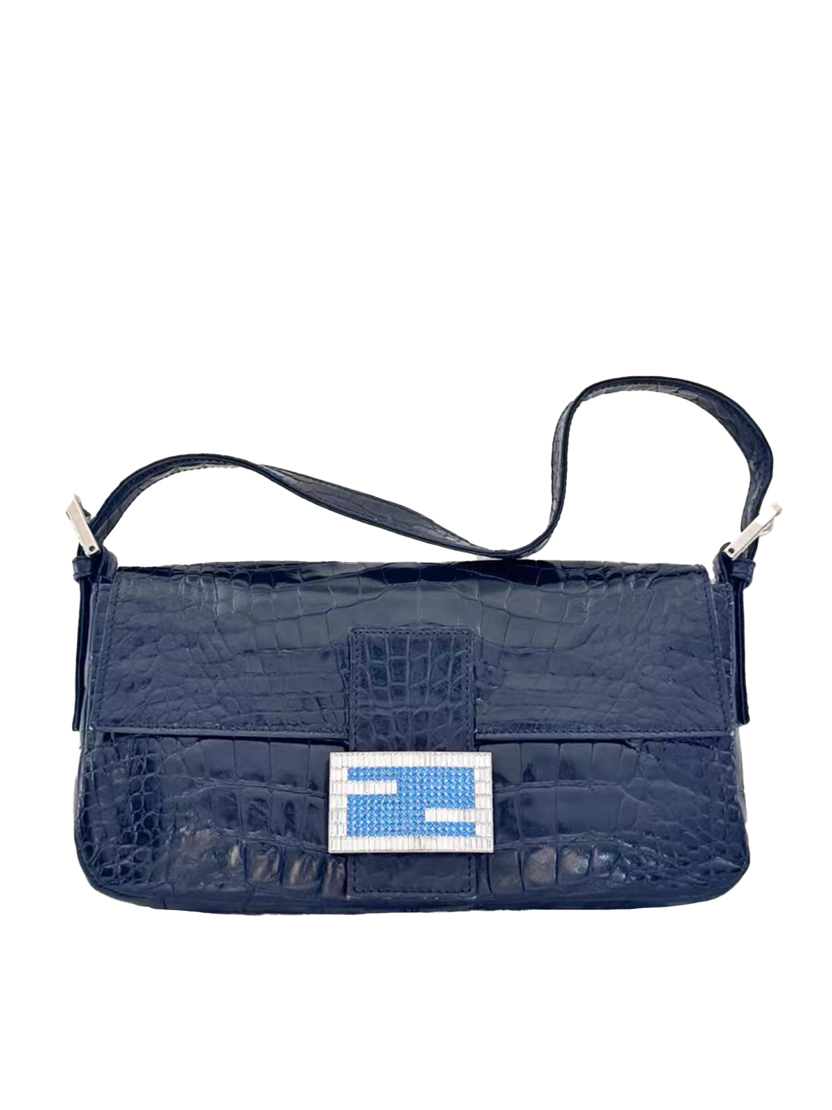 FENDI Blue Croc Crystal Baguette